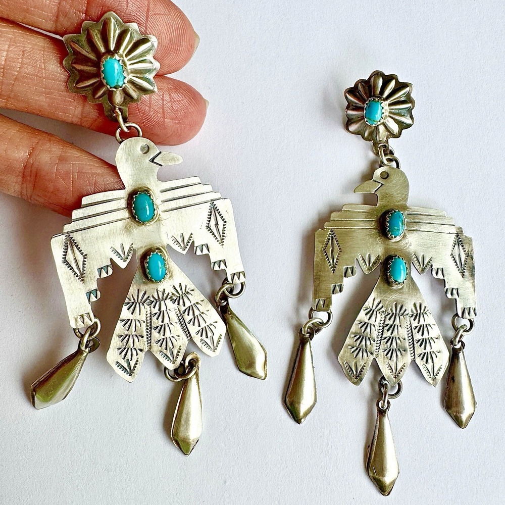 Navajo Thunderbird Earrings Turquoise Chee 3.5in Dangle Matte Sterling‎ BIG